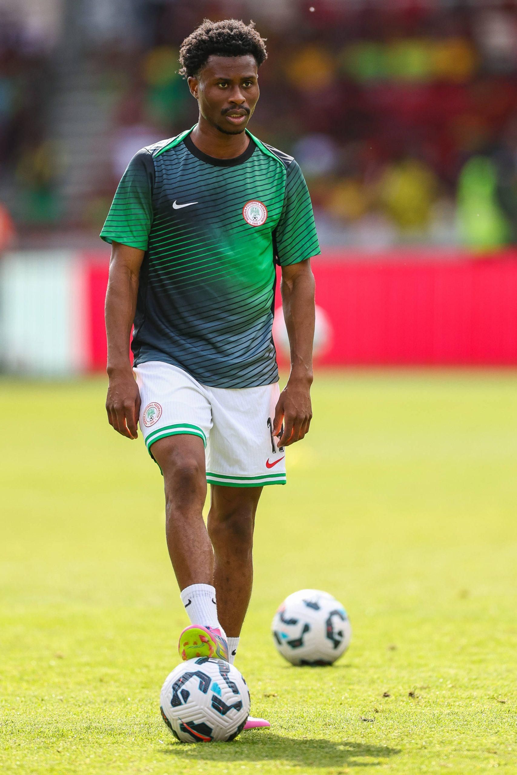 Nigeria forward Nathan Tella warming up before the Unity Cup Final, London 2025