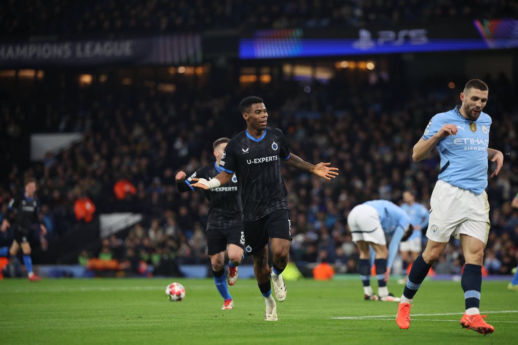Raphael Onyedika of Club Brugge scores his team's first goal during the UEFA Champions League 2024/25 match