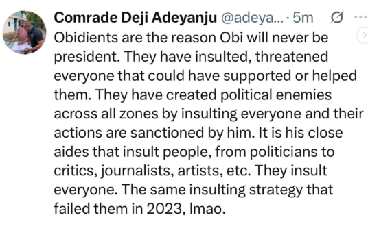 Deji Adeyanju's post on Obidients and Peter Obi