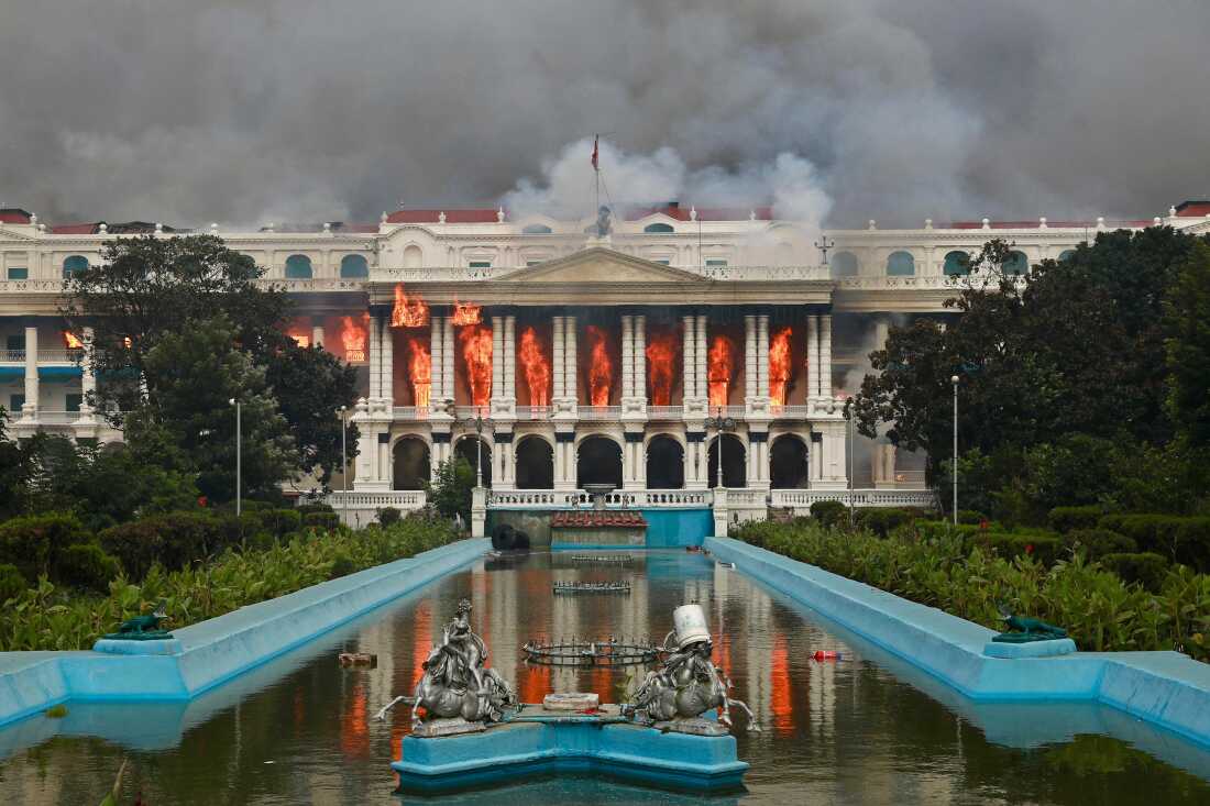 Flames engulf the Singha Durbar, Nepal's central government building, in Kathmandu following a police crackdown on protests against social media restrictions and corruption.