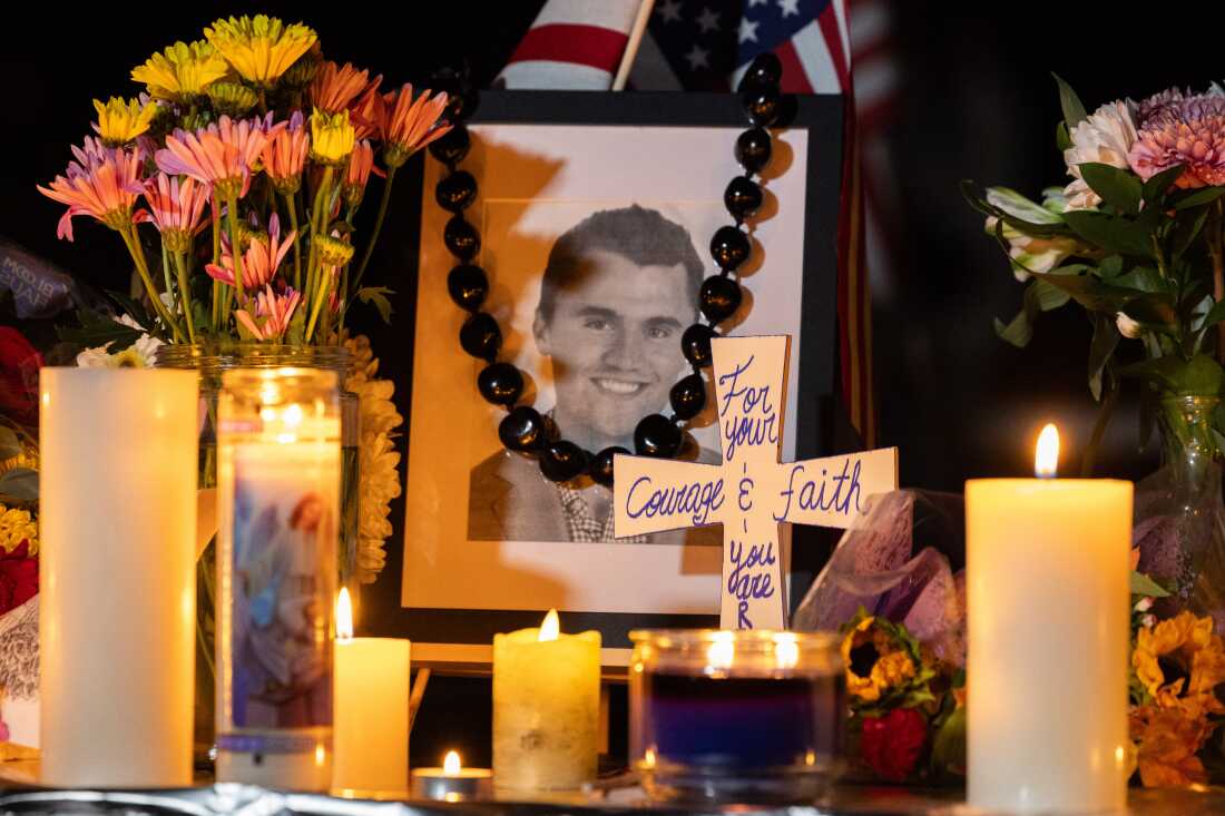 Candles and flowers at a makeshift memorial for Kirk during a vigil in Provo, Utah, on Sept. 12.