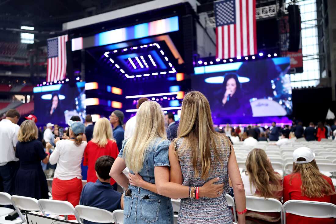 Attendees seated inside State Farm Stadium for Charlie Kirk's memorial
