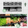 Collage of eggs, vegetables on shelves, and empty grocery carts