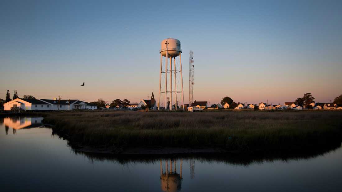 Sunset over Tangier Island, Virginia, where climate change and rising waters threaten the community.