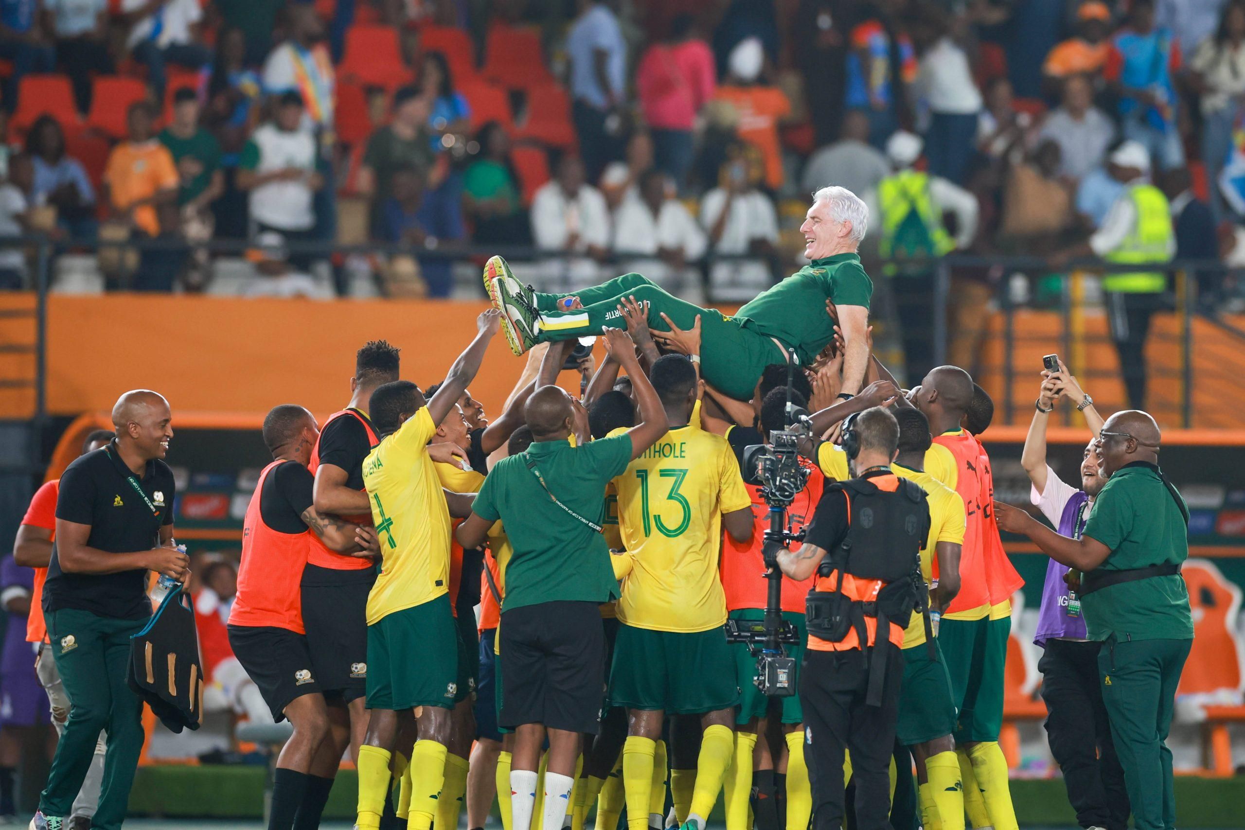 South Africa Coach Hugo Broos celebrating victory during the TotalEnergies CAF Africa Cup of Nations AFCON 2023 Third Place match