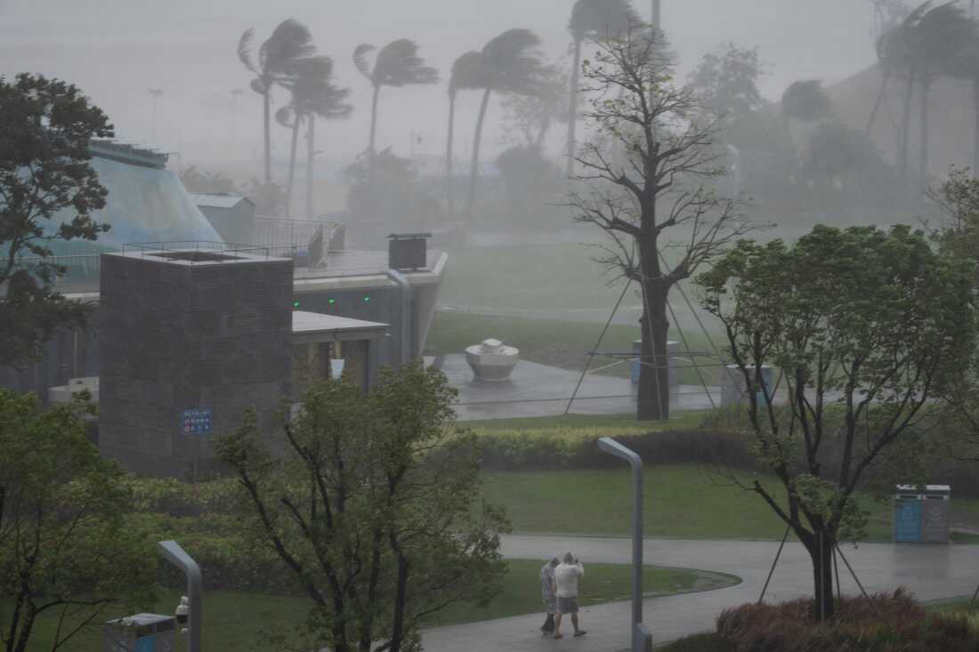Pedestrians navigate heavy rain and strong winds in Shenzhen, Guangdong province, as Typhoon Ragasa approaches on Wednesday, Sept. 24, 2025.