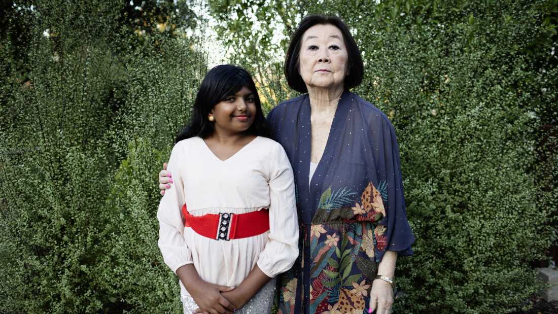 Ameya Desai, winner of NPR Student Podcast Challenge, with Linda Horikawa, a WWII Japanese internment camp survivor.