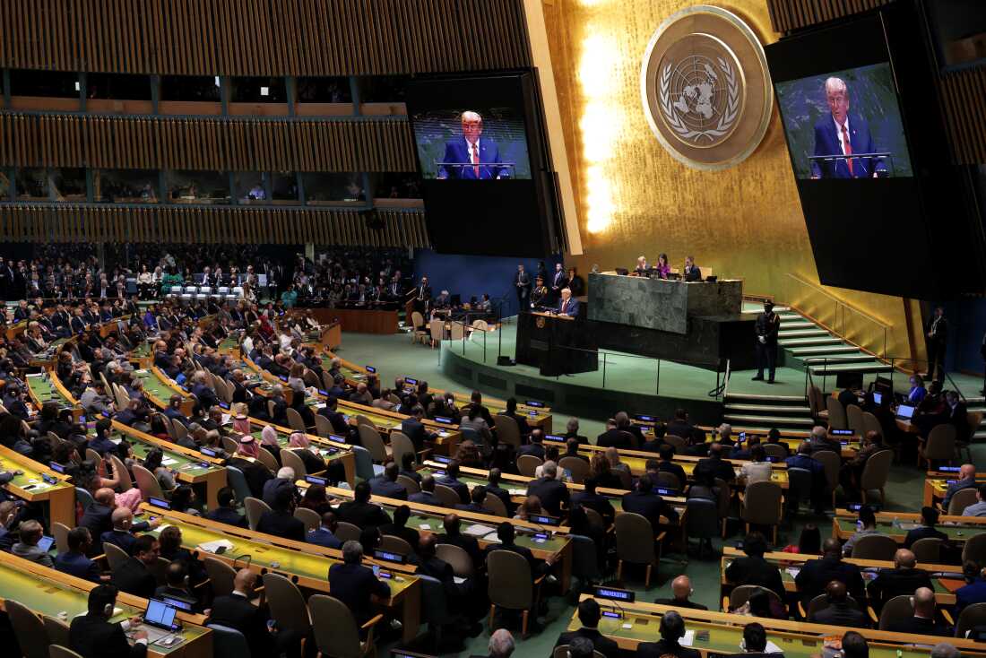 President Trump delivering his speech at the U.N. General Assembly despite initial teleprompter issues.