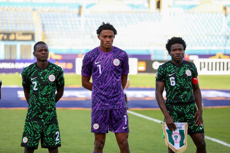 Flying Eagles goalkeeper Ebenezer Harcourt and captain Bameyi 
