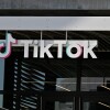 TikTok logo outside Chinese video app company's Los Angeles offices, April 4, 2025