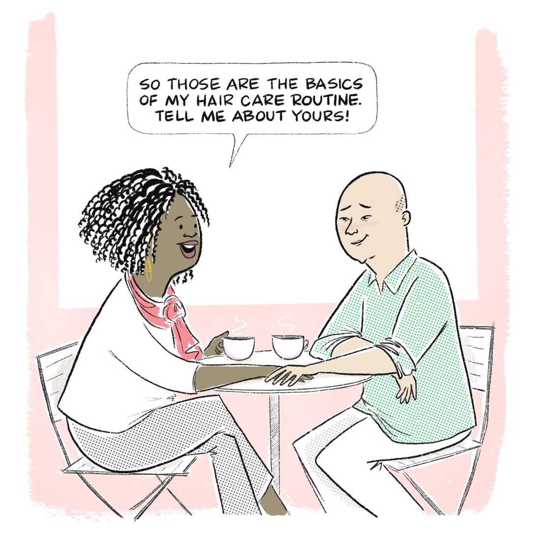 Illustration of a couple sharing their hair care routines over coffee