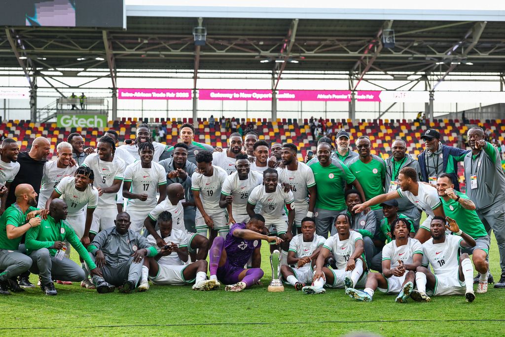 The Super Eagles of Nigeria celebrate winning the Unity Cup during the Unity Cup Final, London 2025 match between Jamaica and Nigeria at Gtech Community Stadium, Brentford