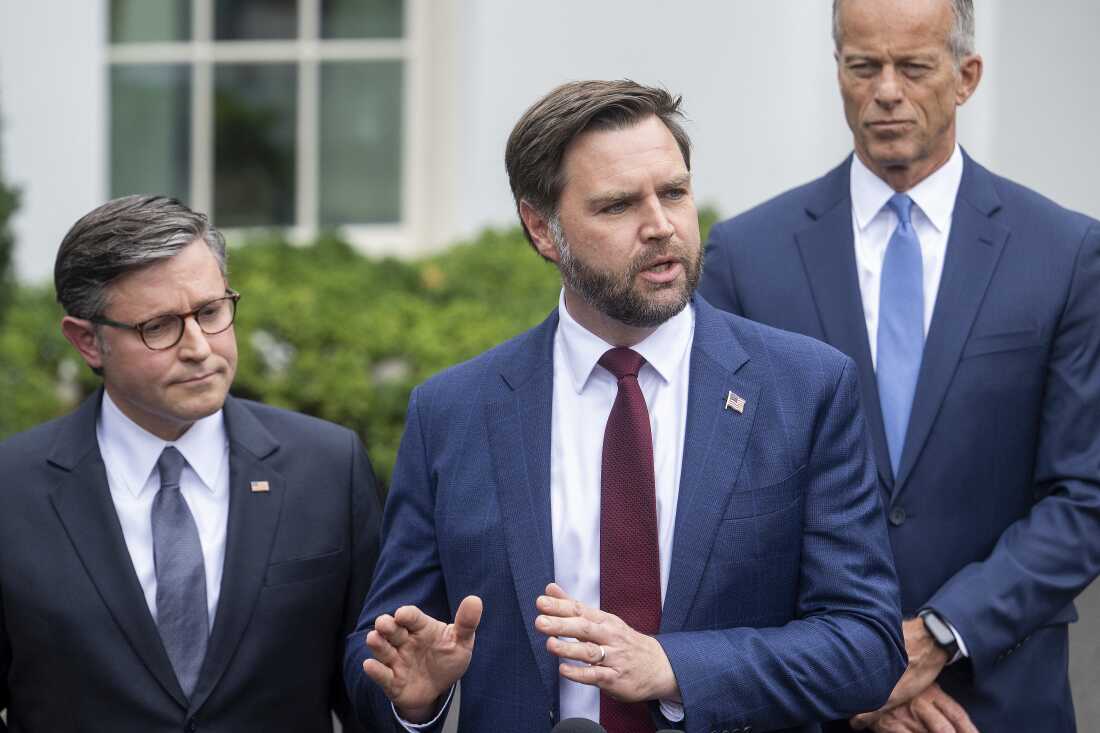 Vice President Vance speaking outside the White House with Republican leaders after discussions on a potential government shutdown.