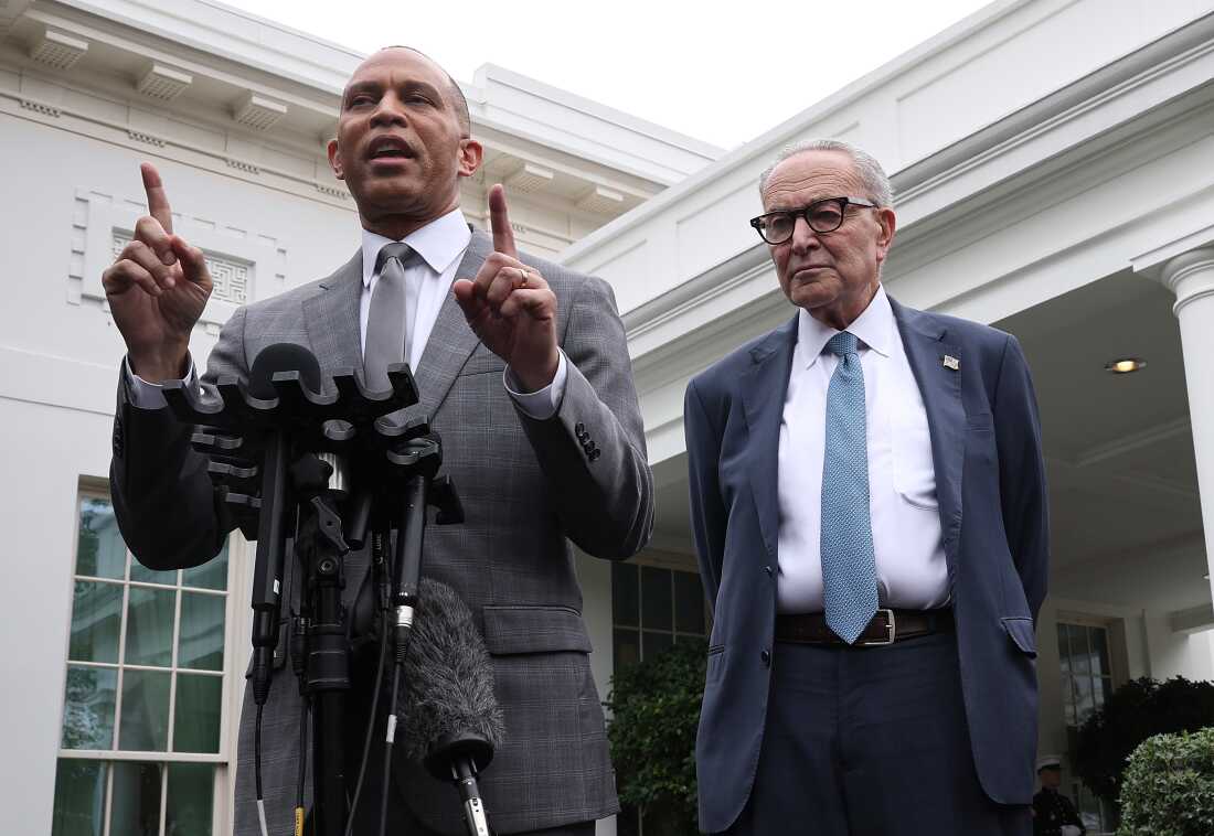 House Democratic Leader Hakeem Jeffries and Senate Democratic Leader Charles Schumer speaking after meeting with President Trump to discuss government funding.