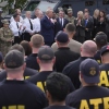 President Donald Trump speaking with law enforcement and National Guard soldiers in Washington.