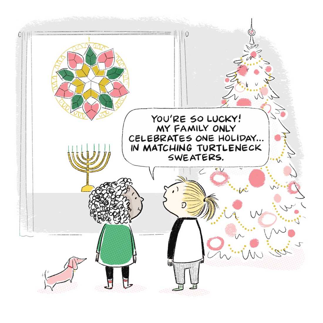 Illustration of two girls and a dog admiring diverse holiday decorations