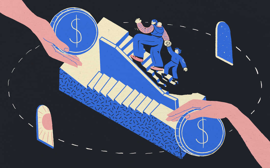 A mother and her children navigating the complex funding staircase.