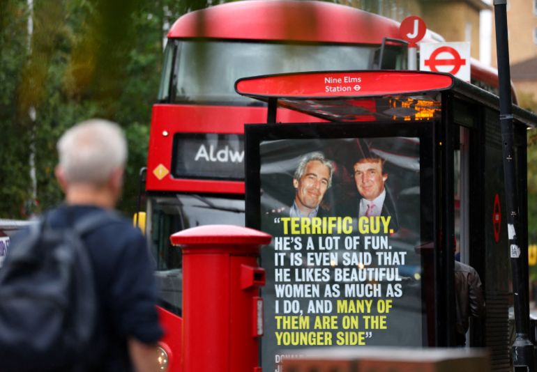 A person walks past a poster featuring Donald Trump and Jeffrey Epstein in London, September 3, 2025.