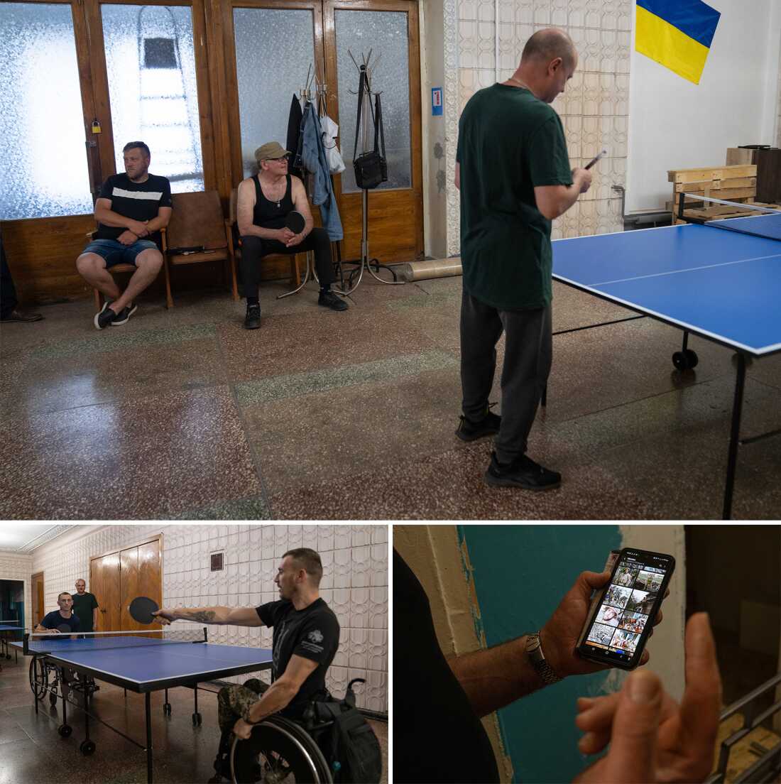 Top: Andriy Melnykov (center) joins a weekly table tennis gathering with fellow veterans in Samar. Bottom left: Two veterans with disabilities engage in play. Right: Melnykov shares photos from his military service and comrades still active in duty.