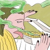 A woman reacts with disgust to the smell of takeout food.