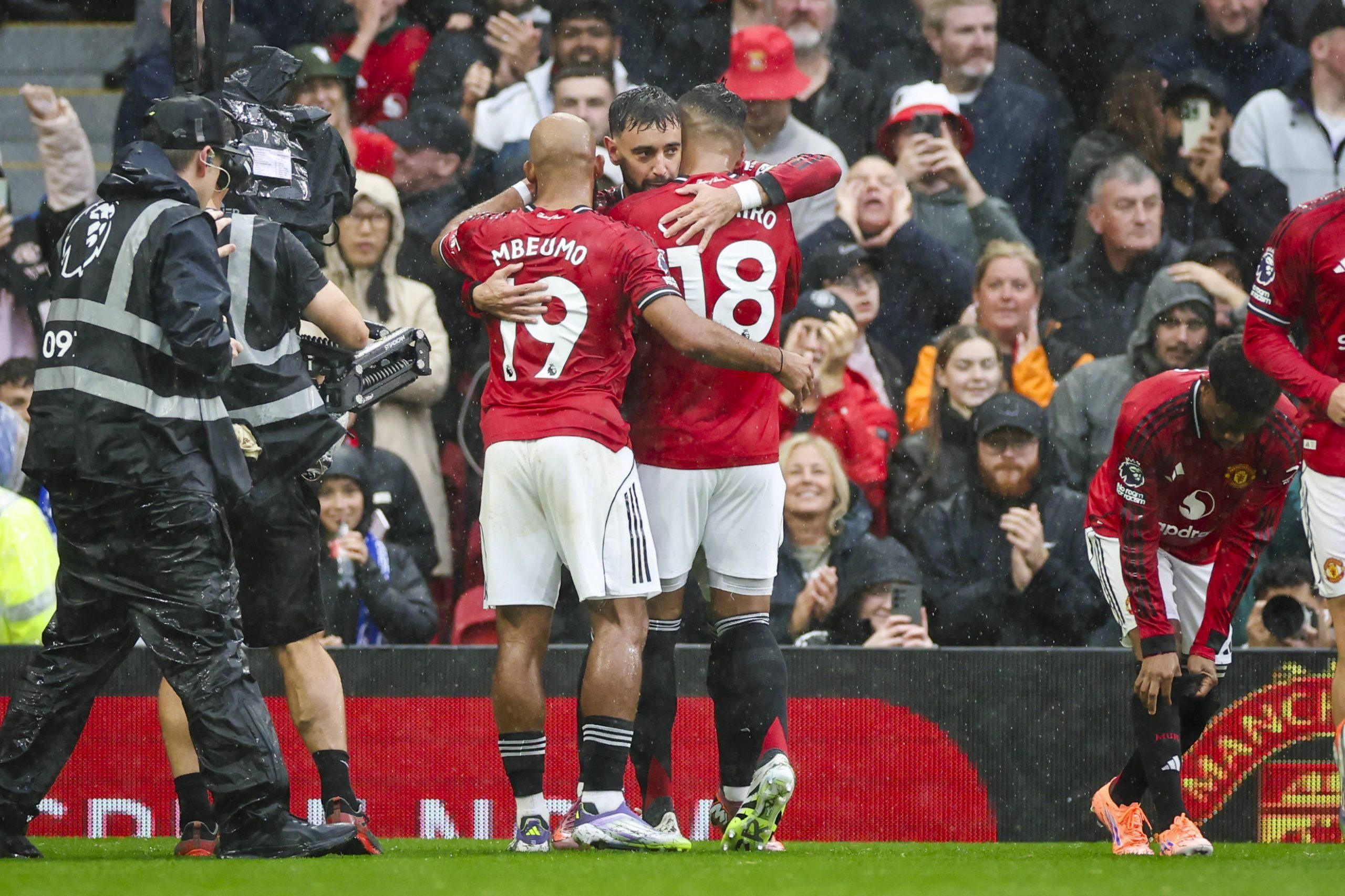 Manchester United midfielder Bruno Fernandes scores and celebrates during the <a href=