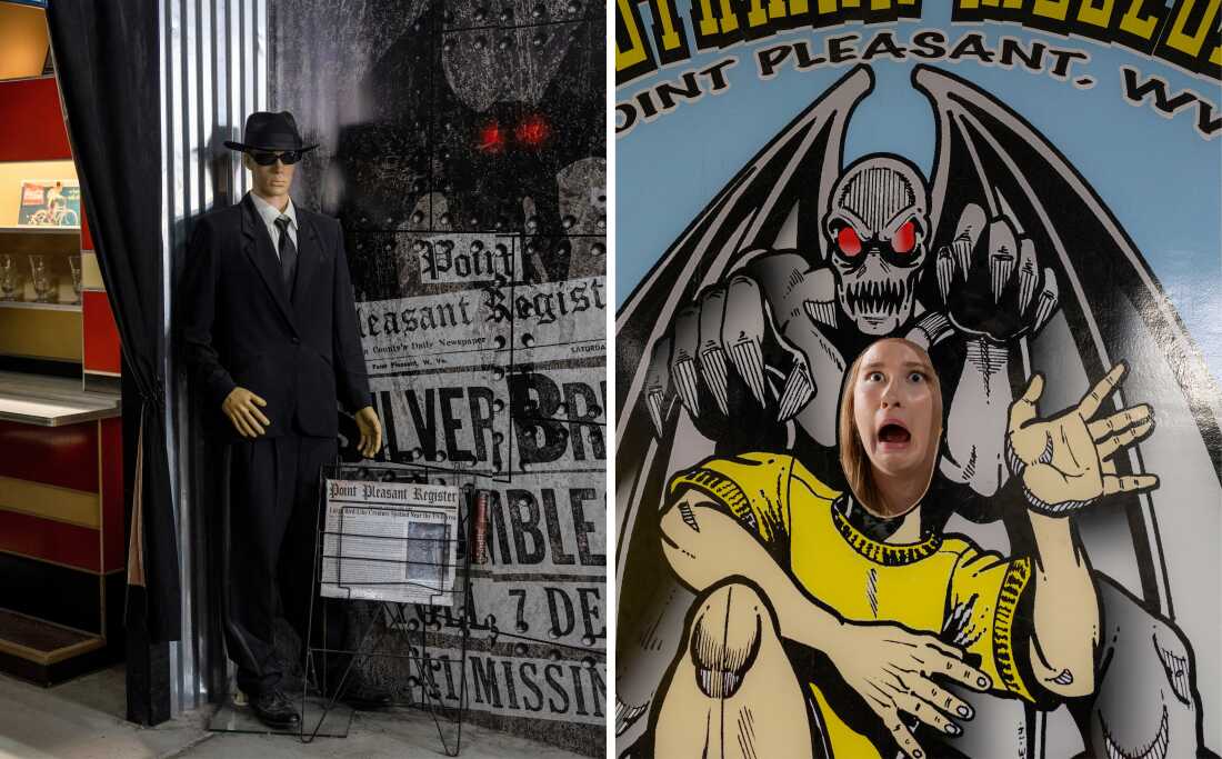 A mannequin of a 'Man in Black,' left. Visitors Aurora Penrose poses in a cut-out display featuring Mothman at the Mothman Museum.