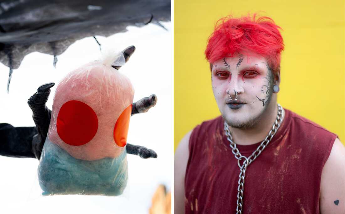 (Left) A bag of 'Monster Bag' pink and light blue cotton candy. (Right) Cai Viall of Roanoke, Va., has red dyed hair, white face paint with red-ringed eyes, a chain around his neck.