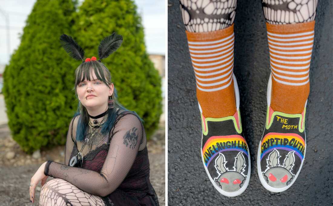 Eli Despain wears a headpiece featuring black feathers and red pom poms. Her shoes (right) feature pictures of a cartoon Mothman with the saying 'Live Laugh Lure' and 'Cryptid Cutie.'