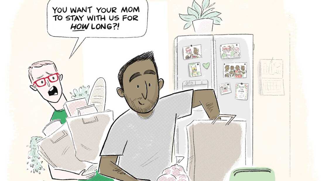 An interracial couple unpacking groceries, with the man asking, 'You want your mom to stay with us for how long?'
