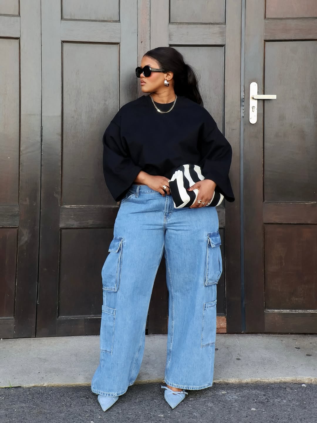 minimalist cargo denim outfit