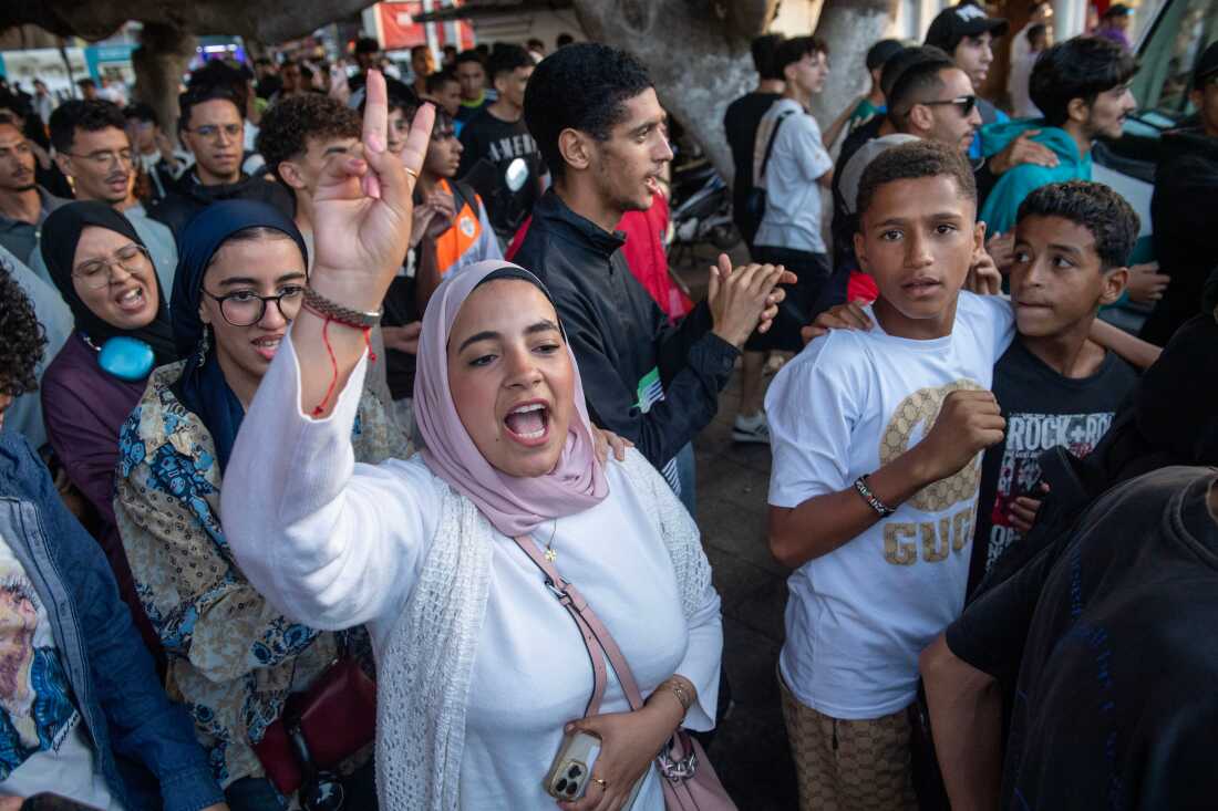 Young demonstrators rallying for healthcare and education reforms in Rabat, Morocco.