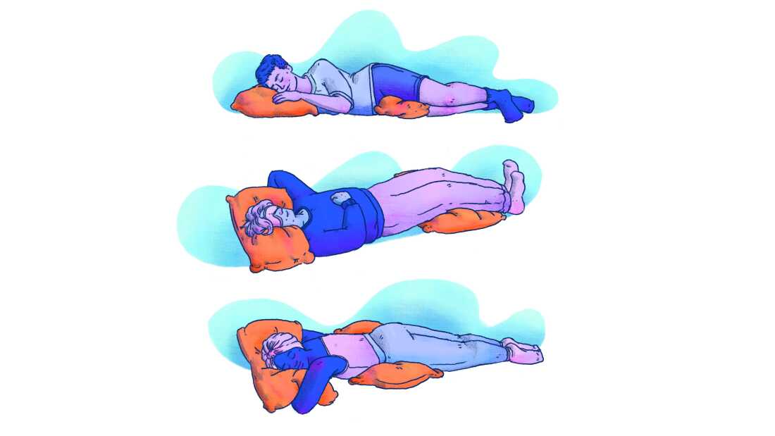 Demonstration of using pillows to support proper sleep posture for back, side, and stomach sleepers.
