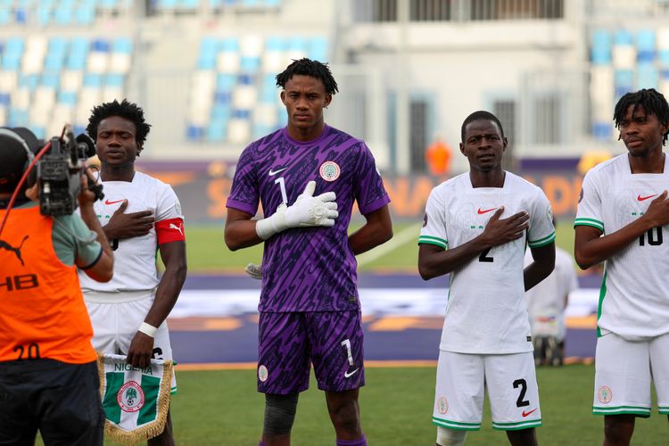 Daniel Kolocho Bameyi, Ebenezer Ifeanyi Harcourt, Adamu Bajibir Maigana and Israel Isaac Ayuma of Nigeria during the men U20 Caf Africa Cup of Nations Semi Final match between South Africa and Nigeria at Suez Canal Stadium on May 15, 2025 in Ismailia, Egypt