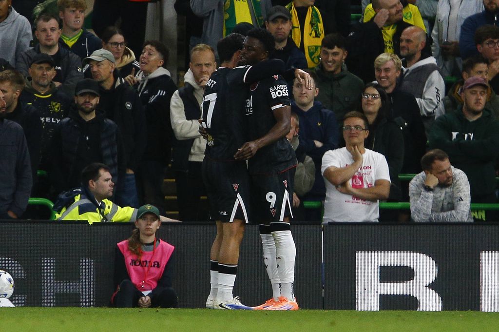 Josh Maja celebrating his goal during the Sky Bet Championship match at Carrow Road, Norwich