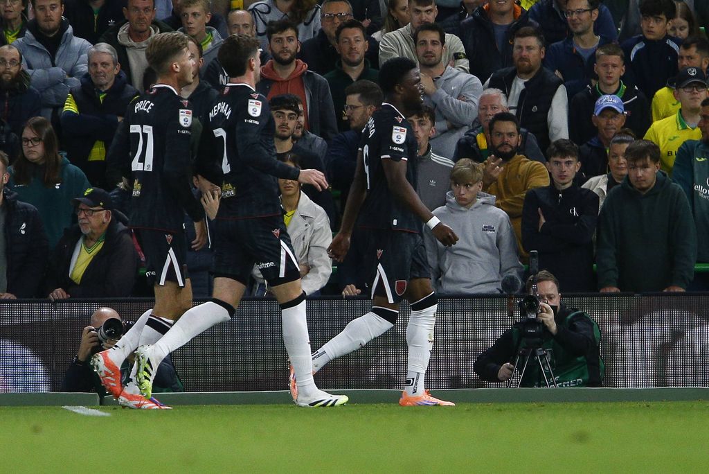 Josh Maja celebrating his goal during the Sky Bet Championship match at Carrow Road, Norwich