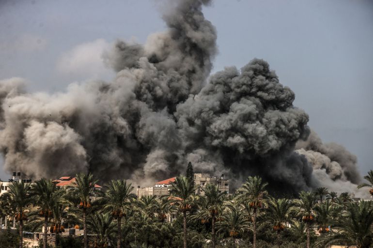Smoke rising from an Israeli attack in Rafah, Gaza.