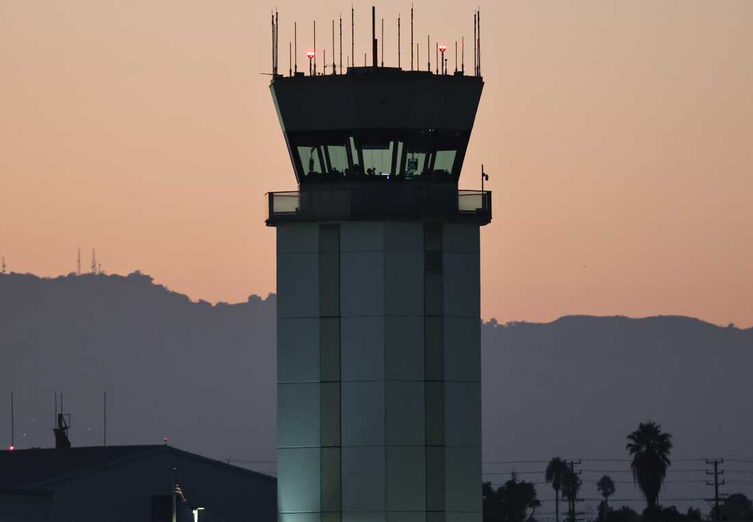 Hollywood Burbank Airport air traffic control tower at sunset