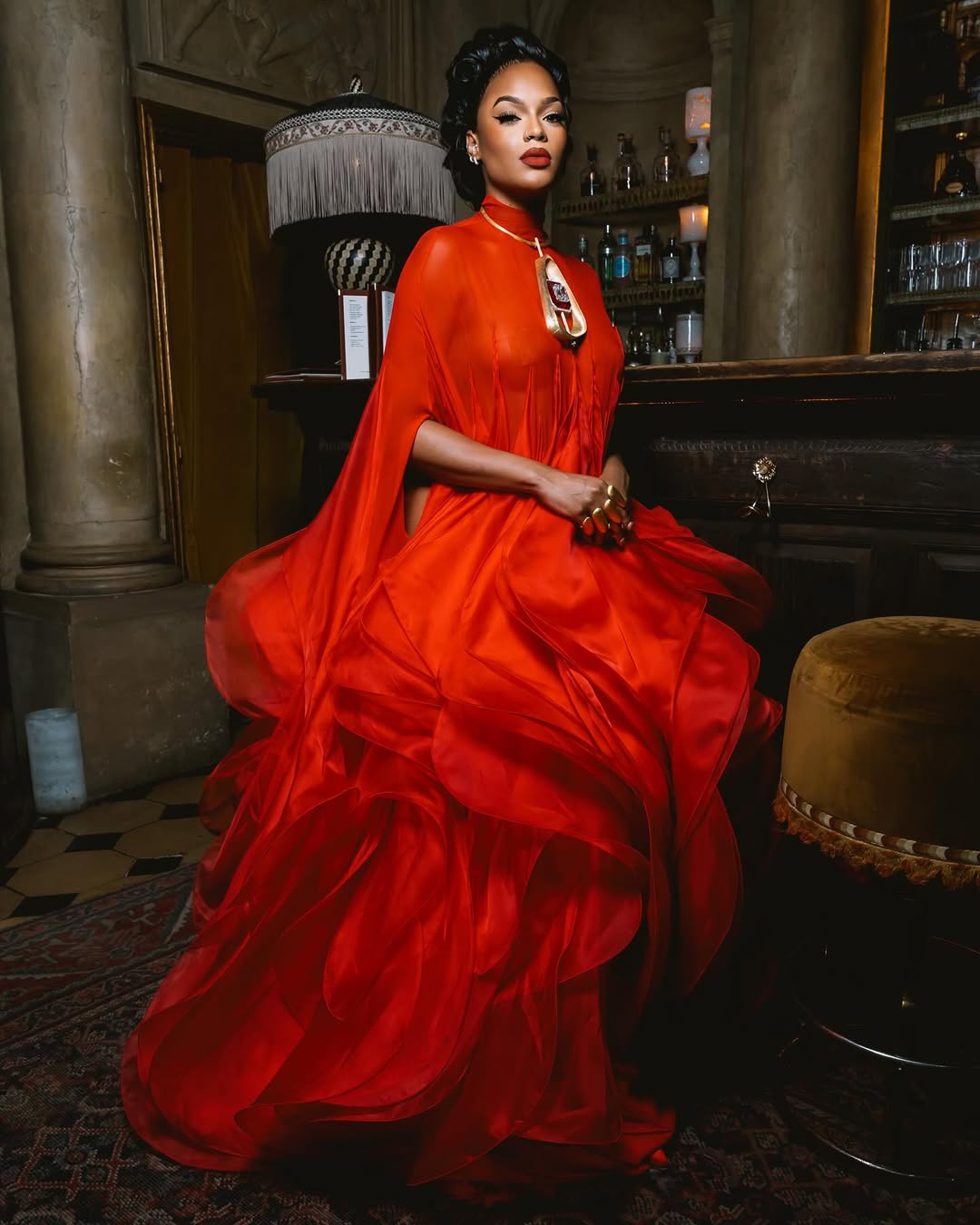 high-neck ruffle rehearsal dinner dress