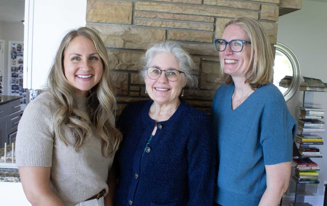 Laura Eyi, Vicki Reid, and Emma Petty Addams of Mormon Women for Ethical Government gathered in Addams' home.