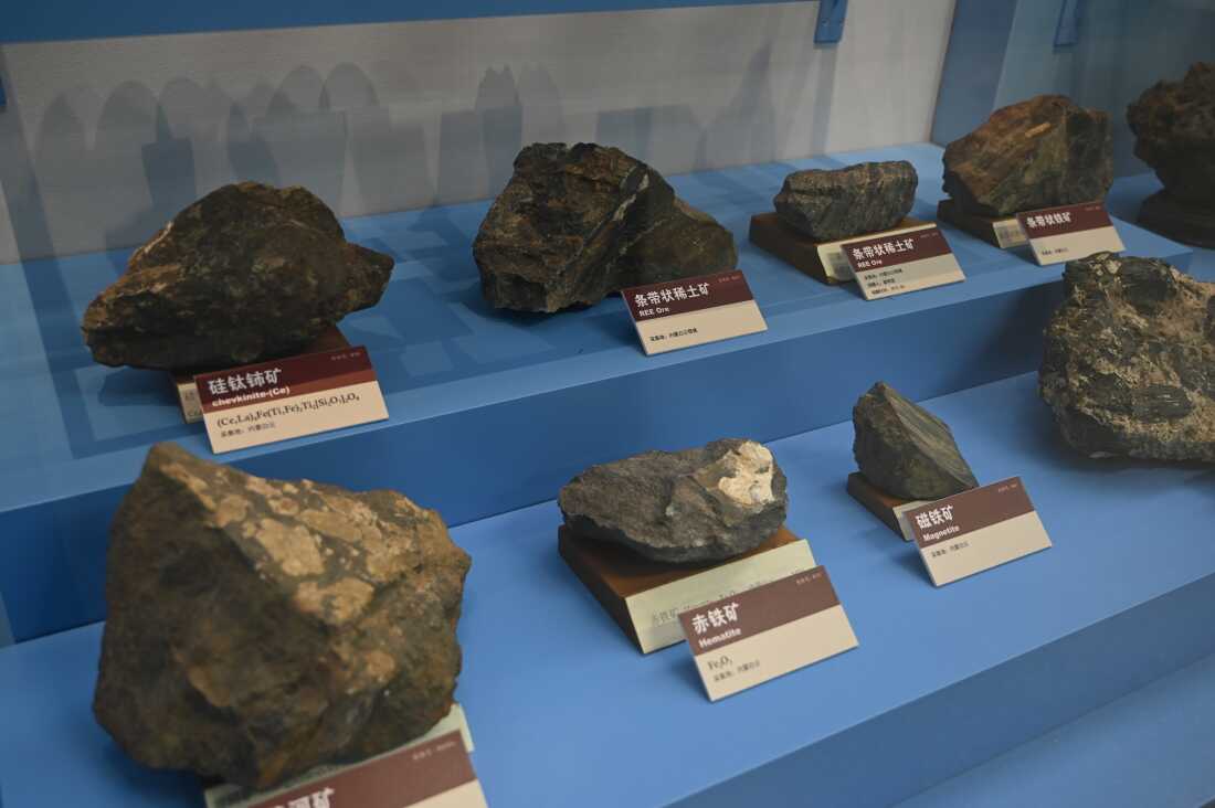 Rare earth mineral samples from Bayan Obo mining district displayed at Chinese Academy of Sciences, Beijing