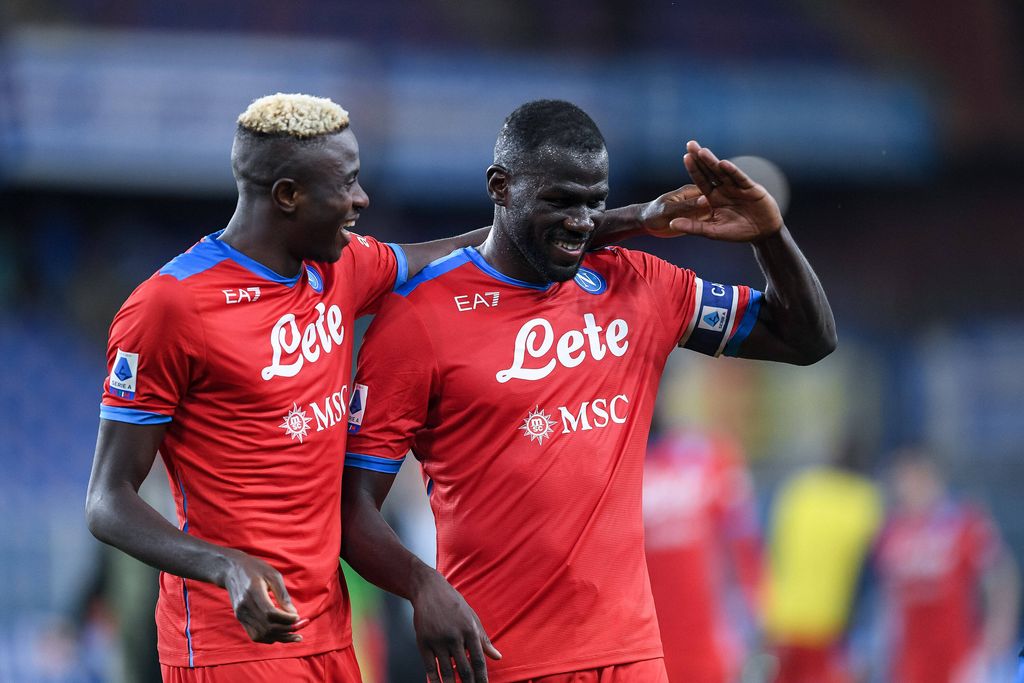 Victor Osimhen and Kalidou Koulibaly celebrating Napoli's Serie A victory at Stadio Luigi Ferraris