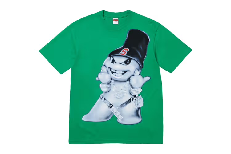 Supreme Fall 2025 snowman graphic tee showing a cartoon snowman wearing Supreme jewelry.