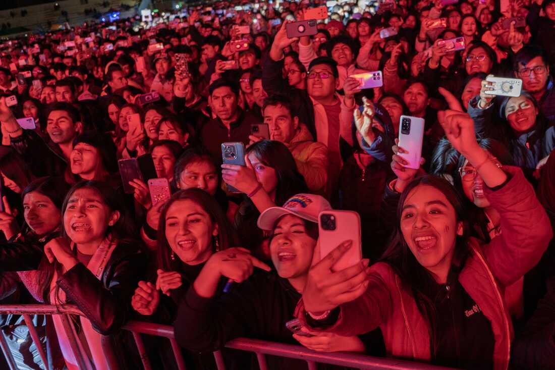 Fans of ArmonÃa 10 enjoy the band's performance during the 137th anniversary of Sicuani, Peru, on November 4, 2024. ArmonÃa 10, a cumbia orchestra founded in 1972, continues to celebrate the genre's legacy.