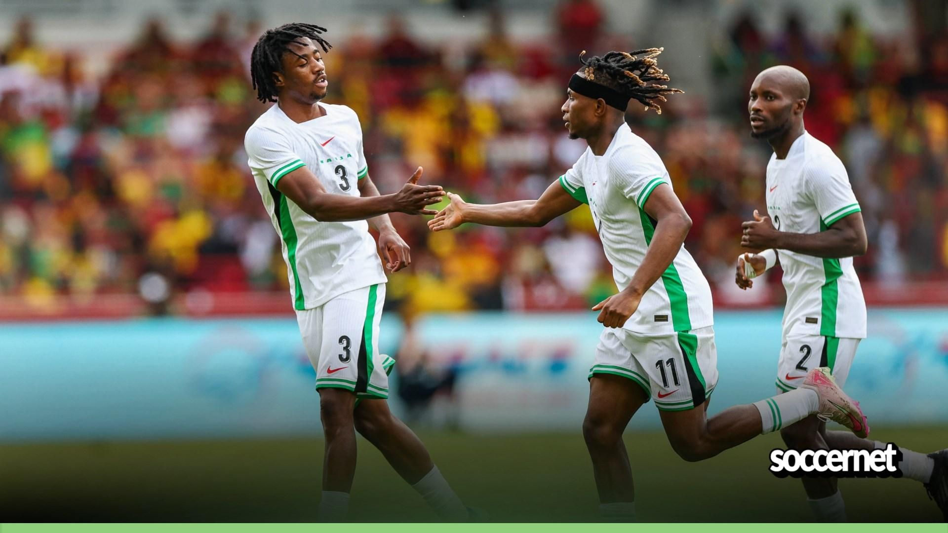 Super Eagles' Benjamin Frederick celebrates with Samuel Chukwueze