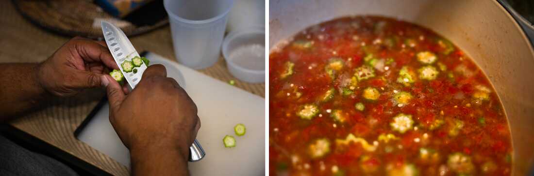 Left: Twitty slices okra onto a cutting board. Right: The completed Okra Soup from his latest cookbook.