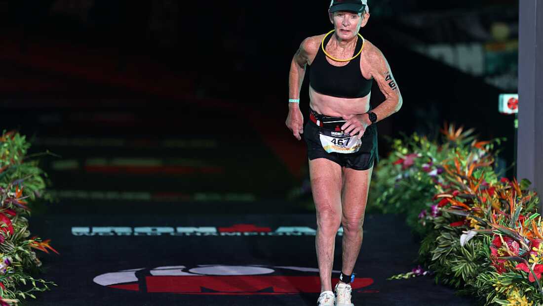Natalie Grabow from the U.S. crosses the finish line at the 2025 Ironman World Championship Women's Race in Kailua-Kona, Hawaii.