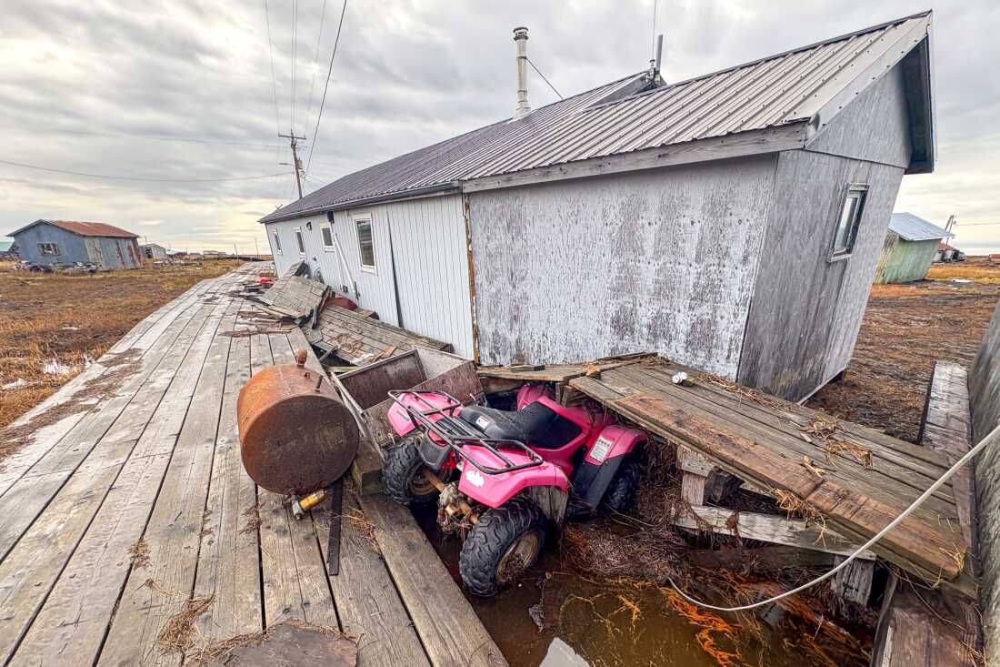 Typhoon Halong's remnants caused homes to float off foundations and debris to scatter in Kwigillingok, Western Alaska, on Oct. 16, 2025.