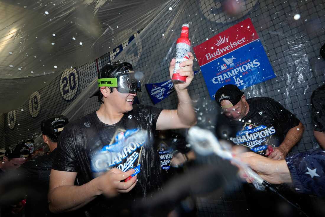 Shohei Ohtani celebrates the Dodgers' victory over the Milwaukee Brewers in the National League Championship Series, Oct. 17, 2025, Los Angeles.