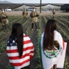 National Guard soldiers blocking protesters during an ICE immigration raid near Camarillo, California.