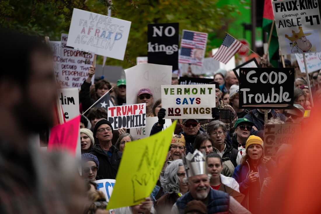 Crowd assembled at City Hall Park in Burlington, Vermont during the No Kings rally on October 18, 2025.